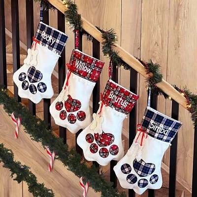Personalized Plaid Pet Paw Christmas Stocking - Dog - Image 1 of 3