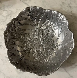 ARTHUR COURT BUNNIES  Aluminum Cabbage Leaf Bowl with Bunny Rabbits - Picture 1 of 9