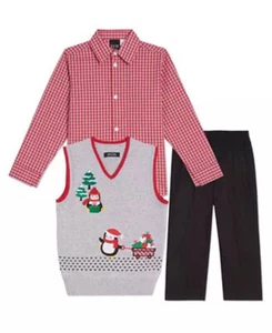 Little Boys Holiday Penguins 3 Piece Sweater Set, Red/Black/Grey, 7 Regular - Picture 1 of 1