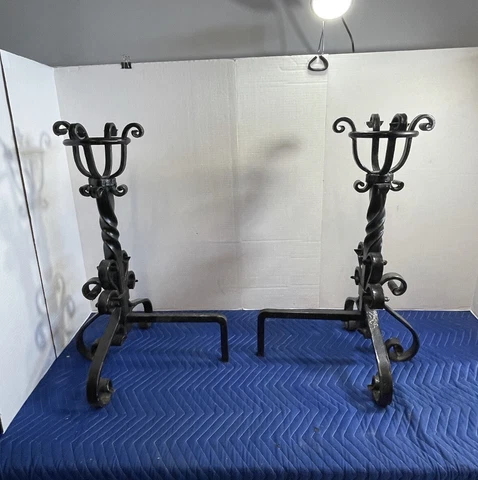 Vintage Iron Hand Forged Fireplace Andirons Basket Finial Black Ornate Cover