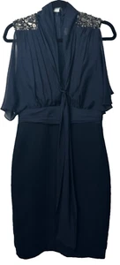 Badgley Mischka Size 8 Modest 100% Silk Beaded Neck Caftan Dress Navy Midi A40 - Picture 1 of 8