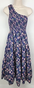 Lulu’s Size Large One Shoulder Navy Blue Floral Peony Dress Tiered Skirt EUC - Picture 1 of 7