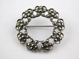 Art Deco Marcasite and Sterling Silver Circle Pin Flower Brooch Floral Motif 925 - Picture 1 of 7