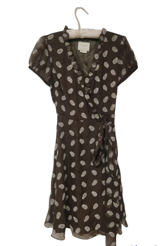 Vestido Kate Spade Piña Bordado Envolvente Marrón Seda Manga Gorra Volantes Talla 2  Foto 1 de 4