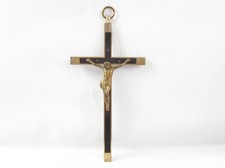 VINTAGE BRASS & WOOD INLAY CATHOLIC NUN/PRIEST PECTORAL CRUCIFIX CROSS