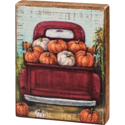 Primitives by Kathy Fall Block Sign Red Truck Pumpkins Decor Rustic Tier Tray - Image 1 of 4
