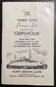 Touristenklasse Passagierliste Gripsholm norddeutsch Lloyd 1954 schwedisch-amerikanisch - Bild 1 von 12