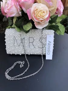 Mrs. Bride To Be Clutch Pearls Bride Purse Silver Embellished - Silver Chain NWT - Picture 1 of 13