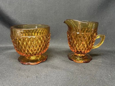 Conjunto Vintage Âmbar Indiana Vidro Ponta Diamante Creme e Açúcar - Imagem 1 de 4