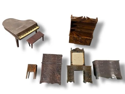 Vintage Renwal Dollhouse Bedroom Living Room Furniture China Cabinet Piano - Image 1 of 4