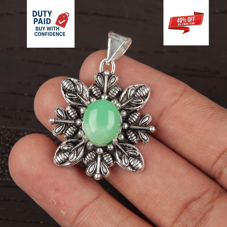 Свадебный кулон из стерлингового серебра 925 пробы с натуральным хризопразом на День благодарения - Изображение 1 из 4