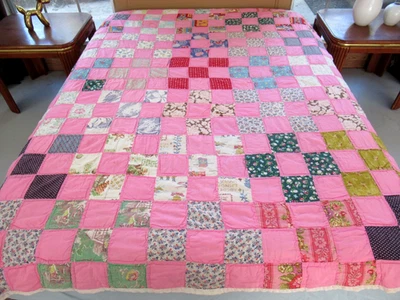 Vintage Made in 80s Using Old Top NINE PATCH Quilt, Seriously Damaged Backing - Image 1 of 4
