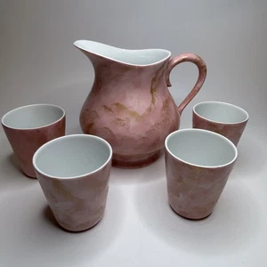 Limoges France Porcelaines J. Seignolles Pitcher W/ Cups Pink Gold 1950’s Era - Picture 1 of 12