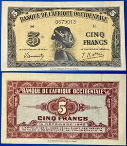 Französisch West Afrika 12-14-42 5 Francs P-28a aUNC+ - US Verkäufer - Bild 1 von 1