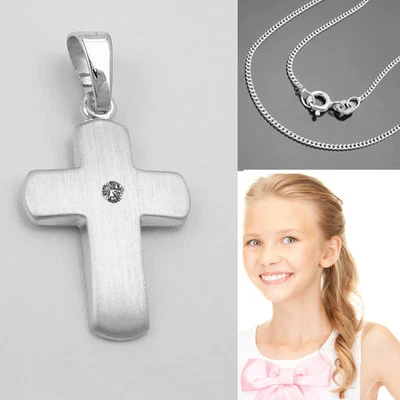 FACHHANDEL-DIREKT Diamant Kreuz Anhänger zur Taufe Kommunion Weiß Gold 585 14 Kt mit Silber Kette