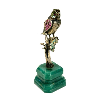 Antique Austrian Sterling Silver Jeweled Owl Figurine Sculpture on Stone Base - Image 1 of 4