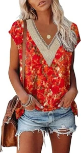 Women's Cap Sleeve Summer Tops 2025 Trendy Tank Lace V Neck Loose Fit Shirts - Picture 1 of 41