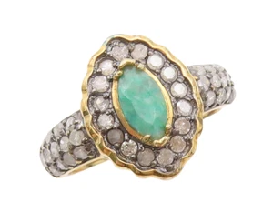 925 Sterling Silver Vintage Ring Gold Plated Diamonds & Emerald Sz 7 RG30774 - Picture 1 of 7