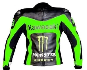 KAWASAKI MONSTER MOTORBIKE RACING REMOVABLE ARMOURED COWHIDE LEATHER JACKET - Bild 1 von 3
