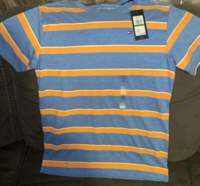 Tommy Hilfiger Niños Grande {16/18} Camiseta A Rayas Negritas Provenza Azul y Naranja👕NUEVA CON ETIQUETAS Foto 1 de 4