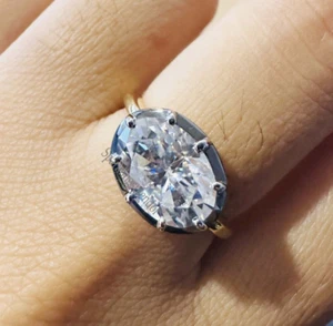 Black Rhodium Bezel Set Oval Moissanite East West Engagement Ring Solitaire Ring - Picture 1 of 11