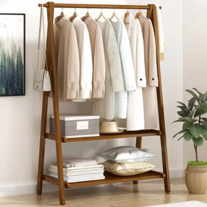 Bamboo Folding Garment Coat Clothes Stand Rack Hat Shoe Hanger Holder Shelf Tidy - Picture 1 of 28