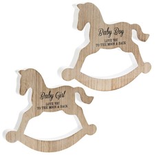 Baby Boy Girl Love You Moon & Back Rocking Horse Shaped Plaque Nursery Ornament