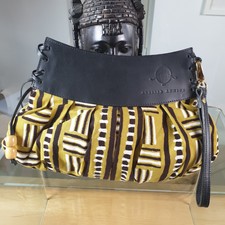 Luxury Designer African Material Yellow Clutch Bag Black Leather Handbag