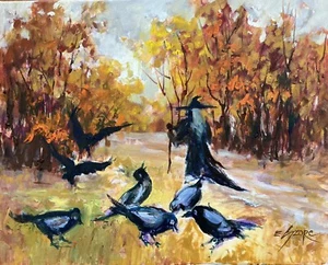 Halloween NOCHE ESPECIAL 20" X 16" Original Lienzo Pintura Eva Szorc BRUJA - Imagen 1 de 1