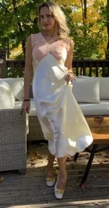 1940s Satin Nightgown - Vintage Nightgown 40s - M - Beige + Peach - Picture 1 of 20