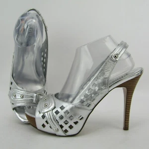 Guess Womens 9.5 Silver Rosetta Stiletto Platform Slingback Heel Sandals Cutout - Picture 1 of 10