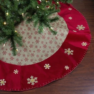Northlight 60" Burlap Glittered Snowflake Christmas Tree Skirt Red Velvet Trim - Picture 1 of 3