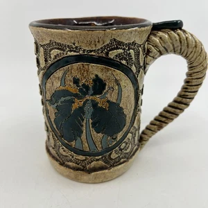 Artisan Signed Gunn Pottery Coffee Mug Iris Flower Twisted Handle 5” 1991 - Picture 1 of 9
