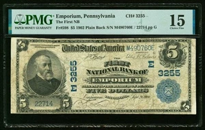1902 $5 Emporium, PA Plain Back Fr. 598 The First National Bank Ch. # (E)3255 - Picture 1 of 2