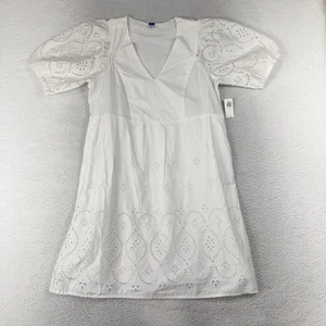 Antiguo Mini Vestido Azul Marino Cuello en V Manga Abullonada Ojales Mediano en Blanco Nuevo con Etiquetas 60 $ Precio de venta sugerido por el fabricante Fecha - Imagen 1 de 8
