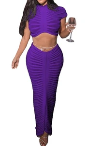 Women's Casual 2 Piece Elegant Ribbed Cropped Top W/  Long Skirt Purple - Picture 1 of 4