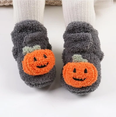 0-6 Month Halloween Baby Shoes Booties Boots Soft Grey Gray & Orange Pumpkin  - Image 1 of 4