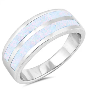 White Lab Opal Wide Wedding Ring New .925 Sterling Silver Fire Band Sizes 5-12 - Picture 1 of 4