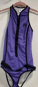 Venus 1 Piece Swimsuit Belted Front Zipper Black/Purple Racer-Back Full Lined 8 - Picture 1 of 12