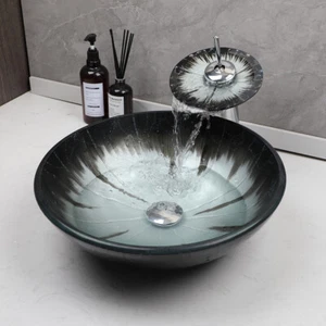 UK Bathroom Sink Washbasin Tempered Glass Hand-Painted Waterfall Mixer tap Combo - Picture 1 of 10