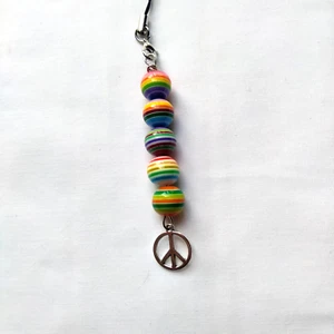 Rainbow Stripe Bead Cell Phone Charm Strap Peace Sign Pendant Car Key Hang Decor - Photo 1 sur 8