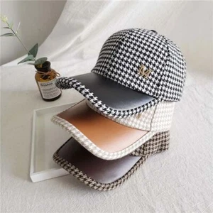 Gird Pattern Houndstooth Baseball Cap Face Cap Korean Style Hat Pu Leather Brim - Picture 1 of 14