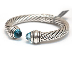 New DAVID YURMAN 10mm Cable Cuff Bracelet in Silver & Blue Topaz Size Large