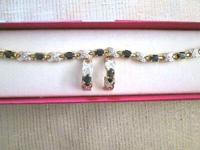 Pulsera de dos tonos de zafiro oscuro genuino con flash de circonita cúbica con pendientes y collar de gemas Foto 1 de 4