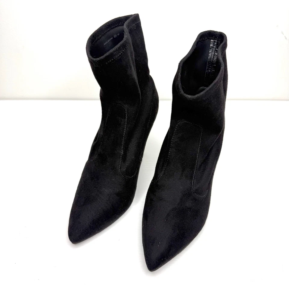 Nina Roxie Suede Rhinestone Crystal Stiletto Heel Pointed Ankle Boots 7 Black - Image 1 of 4