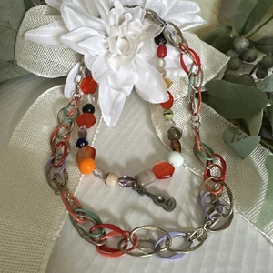 Vintage Women's Multicor Boho Necklace Chunky Glass Beads Silver Metal Chain 28’ - Picture 1 of 13