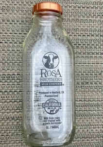 Rosa Brothers Milk Company Glas Milchflasche 1 Quart mit SCHOKOLADENDECKEL Hanford, CA - Bild 1 von 8