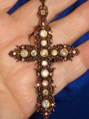 Collar Cruz Latón 32" Gota Colorido Brillante Estrás 1 3/4" x 2 3/4" Foto 1 de 4