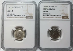 GREAT BRITAIN lot Sixpence 6 pence 1921 1927 NGC AU 58 MS 61 UNC Silver Crown - Picture 1 of 11