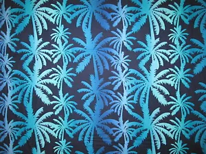 PALM TREES TROPICAL ISLAND MIAMI SURFING BRIGHT SURF BLUE COTTON FABRIC FQ - Picture 1 of 5